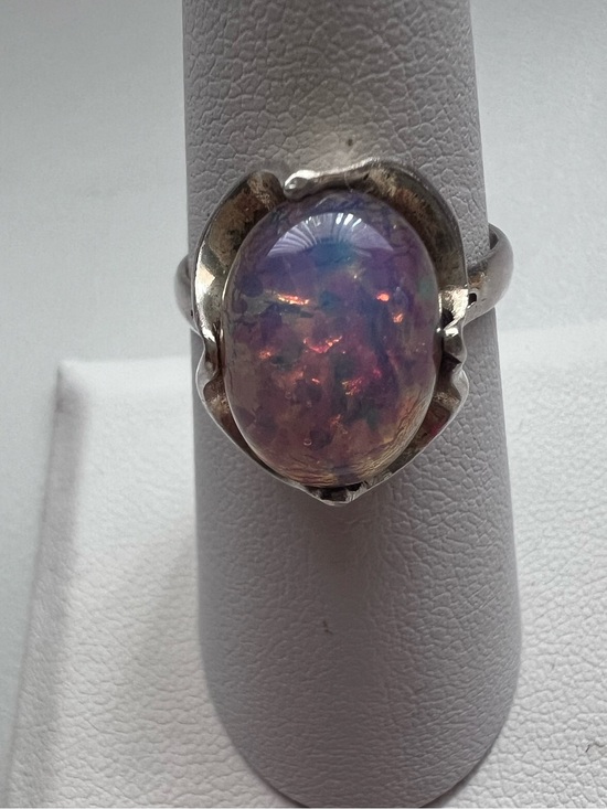 None Jewelry - Vintage 925 Sterling Silver Foil Opal Art Glass Modernist Ring Size 7.75